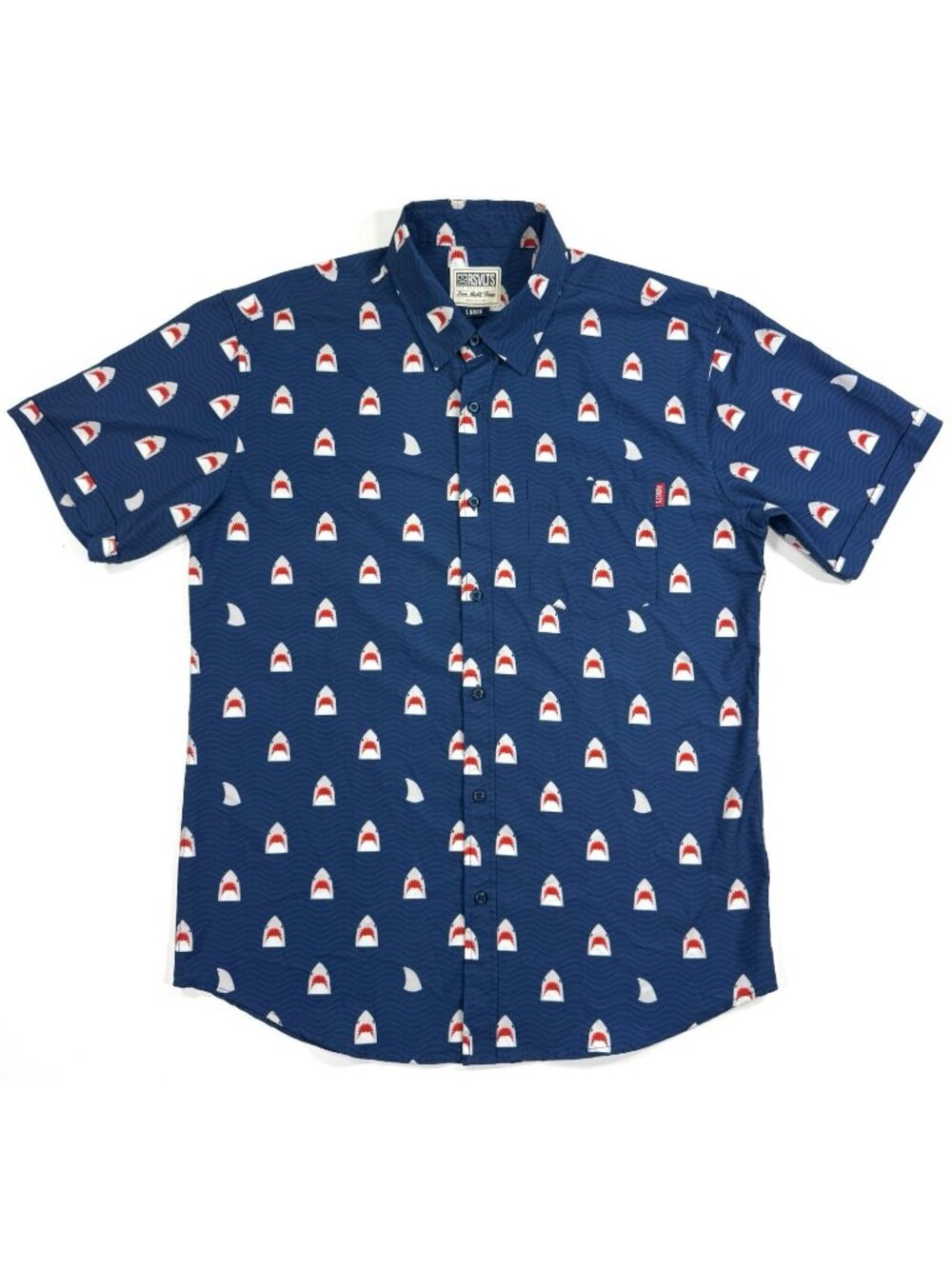 RSVLTS Mens Shirt Chomp Shark Kunuflex Jaws Hawaiian Performance Size Large AOP
